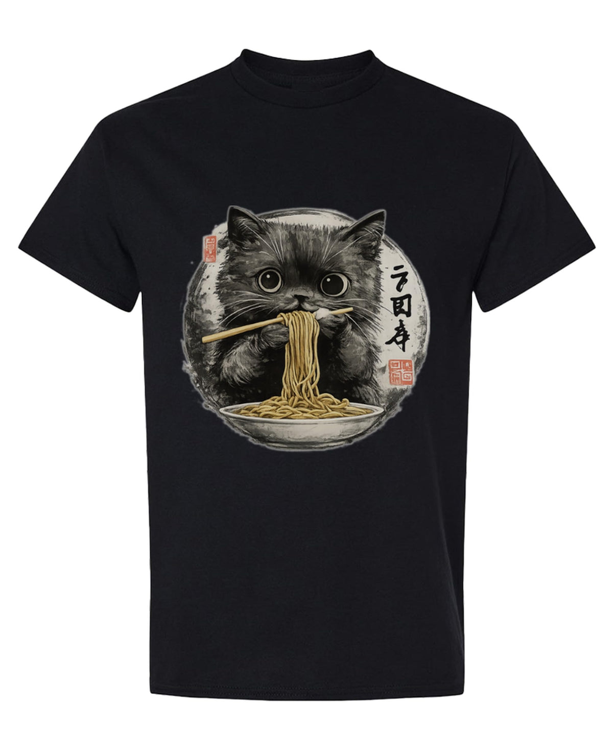 Ramen Cat — Black T-Shirt — front