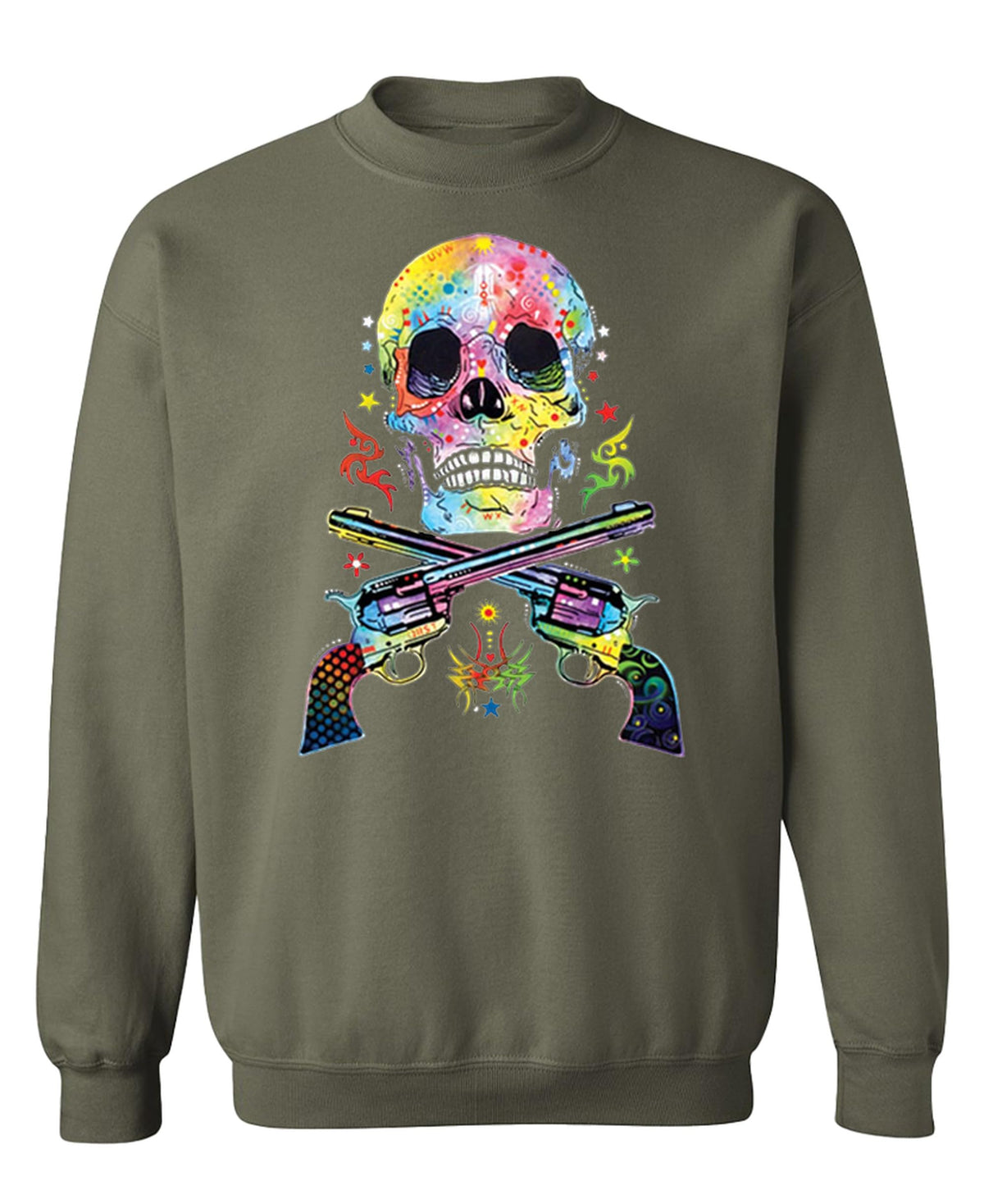 Colorful Skull and Crossed Pistols — Military Green Sweatshirt — front