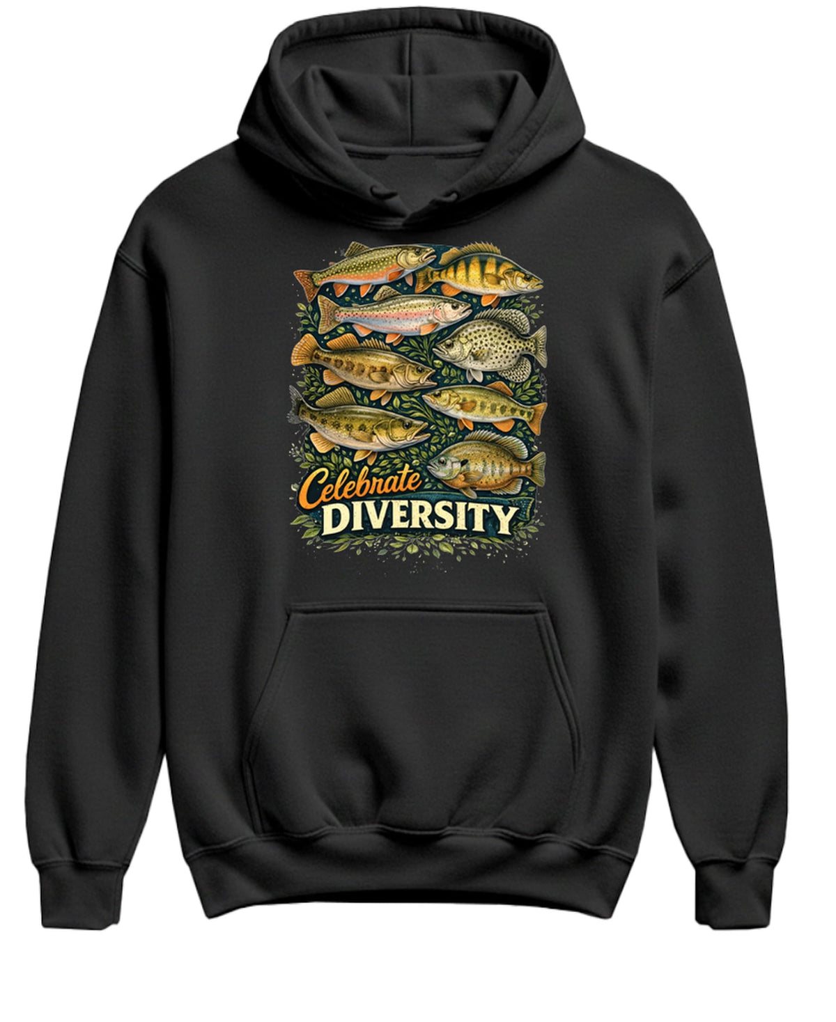 Fishing Shirt Men Celebrate Diversity Freshwater Fish — Black Hoodie — front