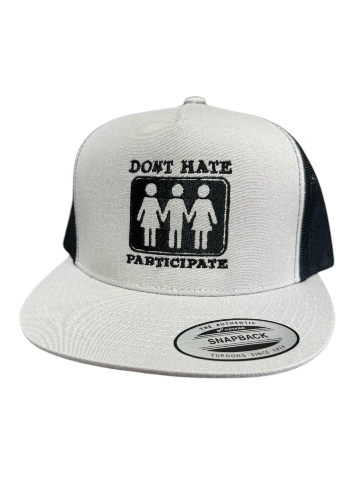 Don't Hate Participate — Don’t Hate Participate - Grey and Black - Flat Bill Embroidered Trucker Hat — front
