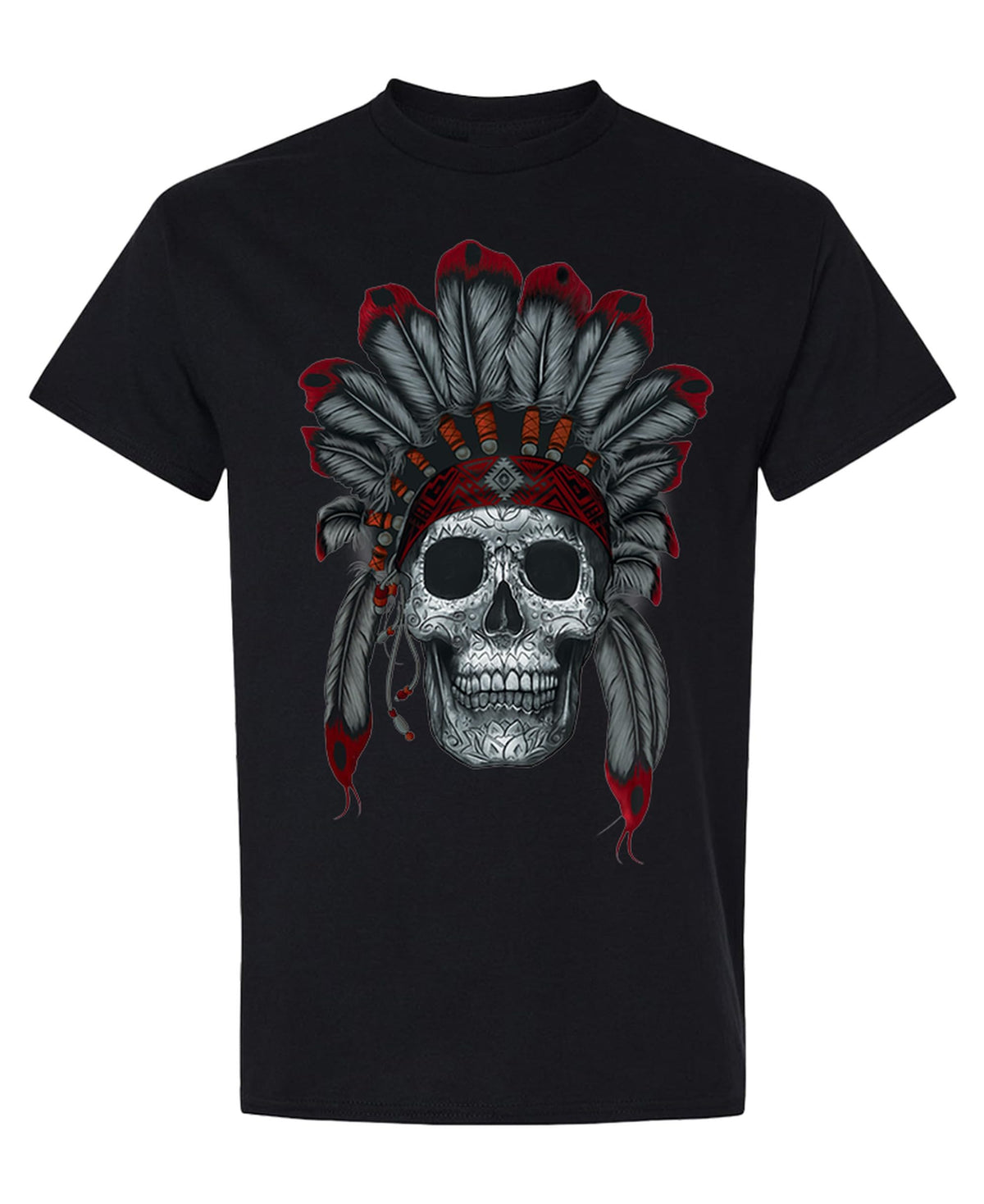 Red and Gray Feathered Skull — Black T-Shirt — front