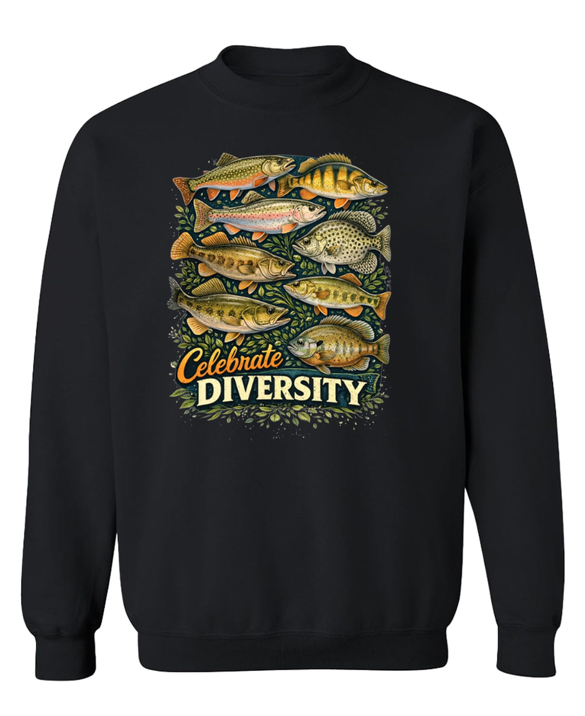 Fishing Shirt Men Celebrate Diversity Freshwater Fish — Black Sweatshirt — front