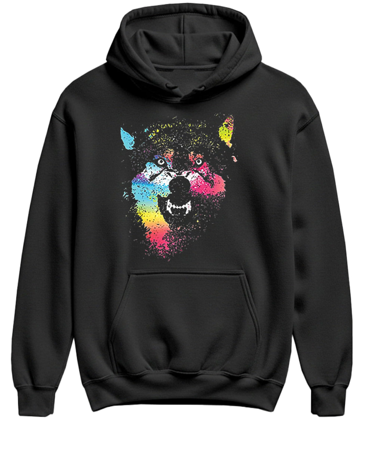 Paint Splatter Wolf — Black Hoodie — front