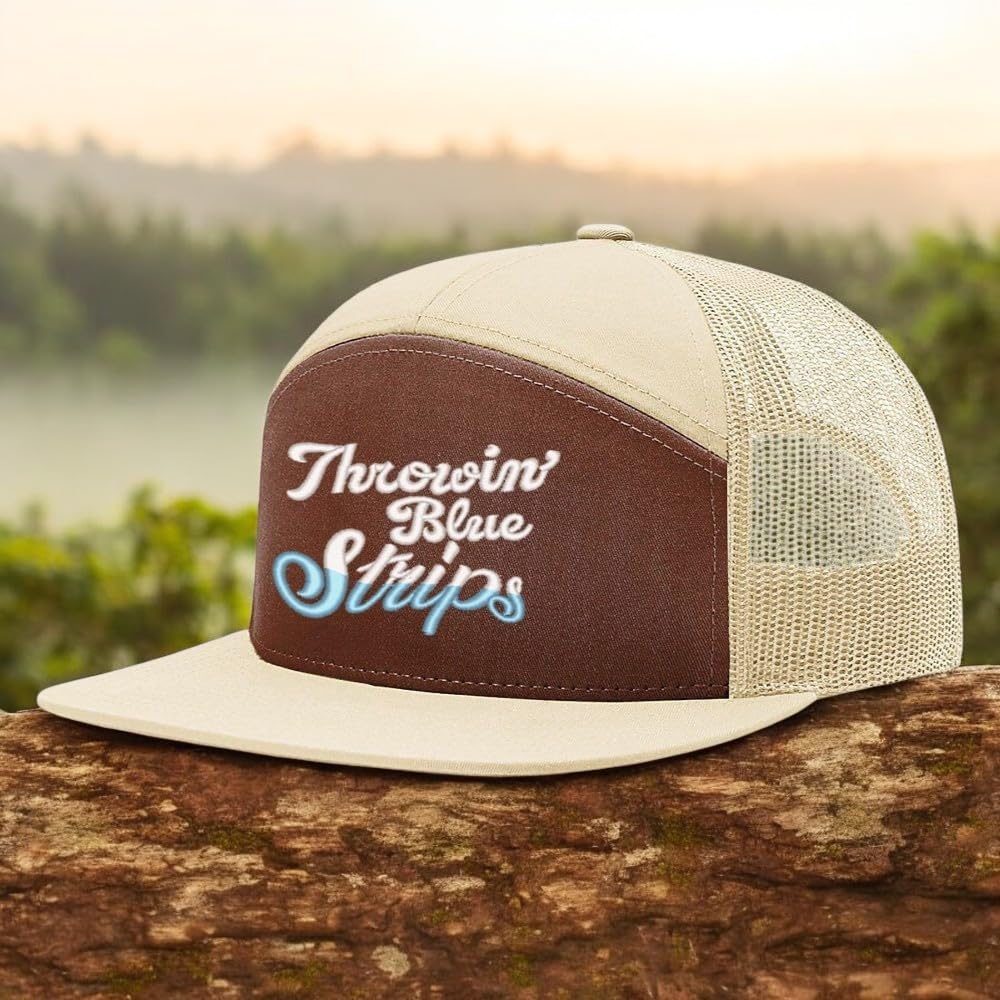Throwin Blue Strips — Throwin’ Blue Strips - Brown and Khaki  - 7 Panel Flat Bill Embroidered Trucker Hat — existing lifestyle 1