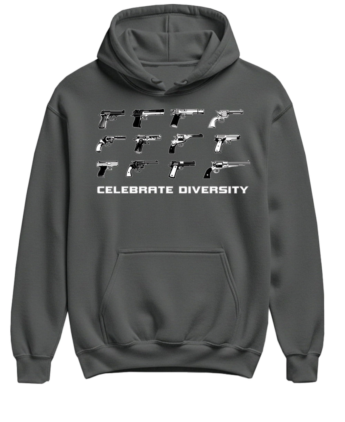 Celebrate Diversity Pistols — Charcoal Hoodie — front