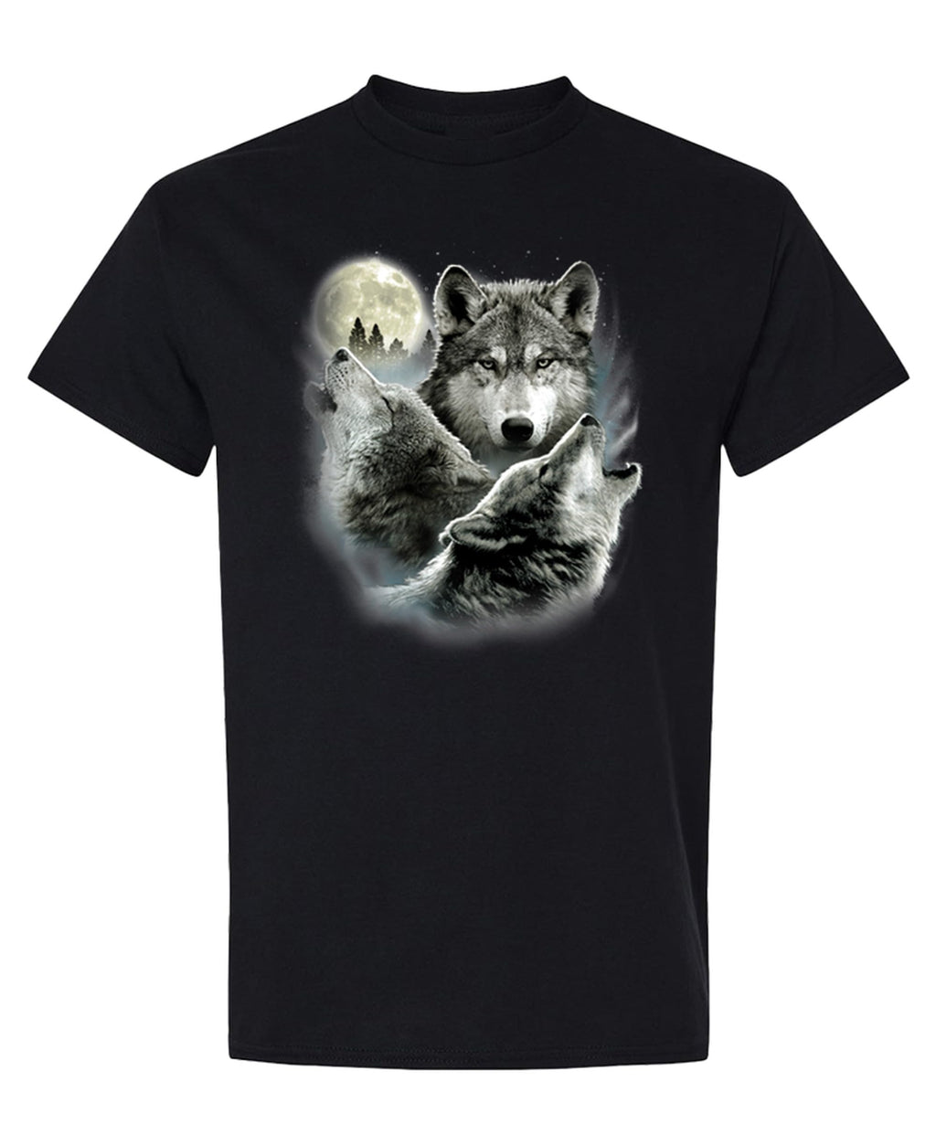Three Wolves and Moon — Black T-Shirt — front