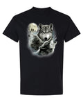 Three Wolves and Moon — Black T-Shirt — front