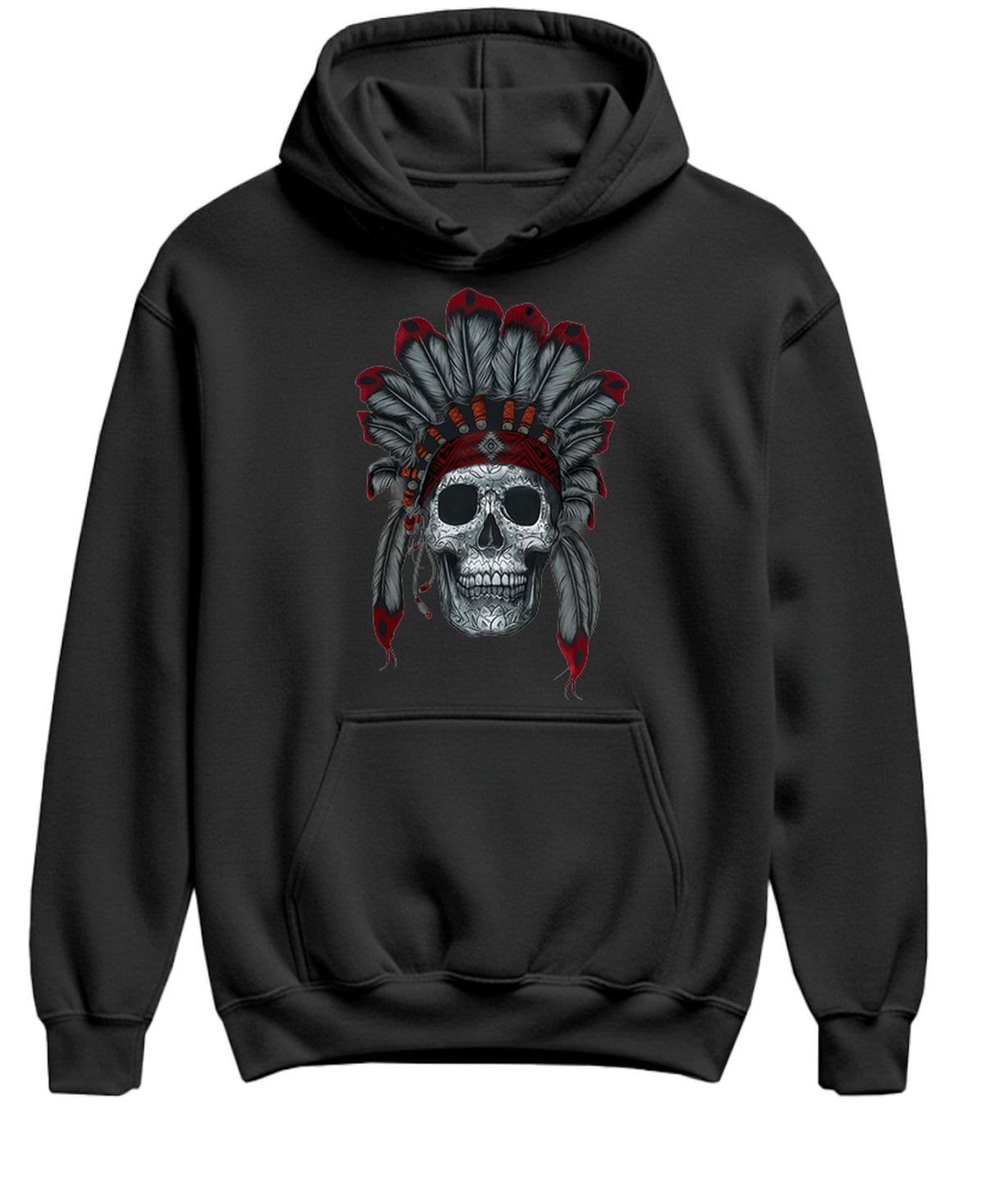 Red and Gray Feathered Skull — Black Hoodie — front