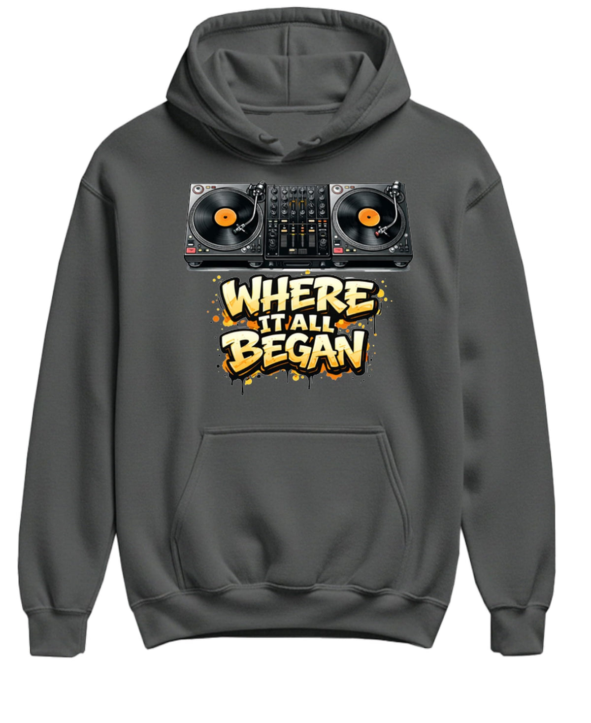 Where It All Began Turntables — Charcoal Hoodie — front