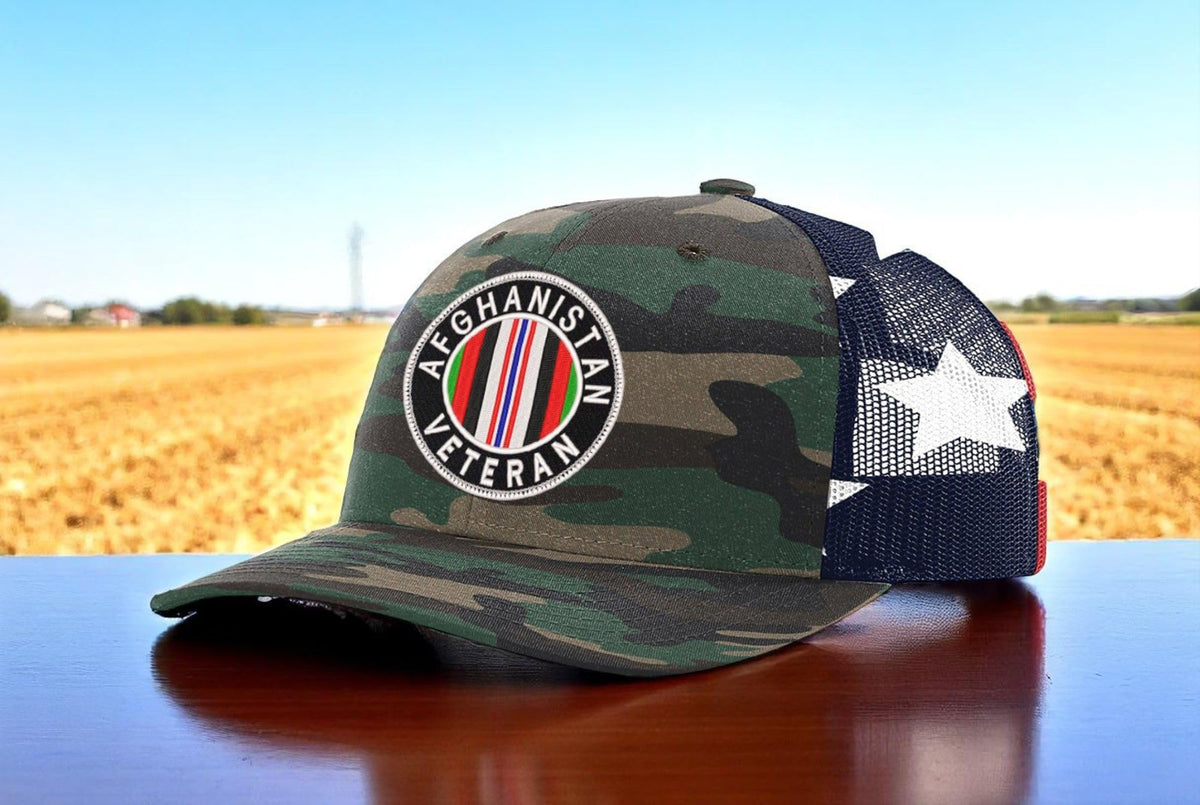 Afghanistan Veteran — Afghanistan Veteran - Camo and Stars - Standard Embroidered Trucker Hat — existing lifestyle 1