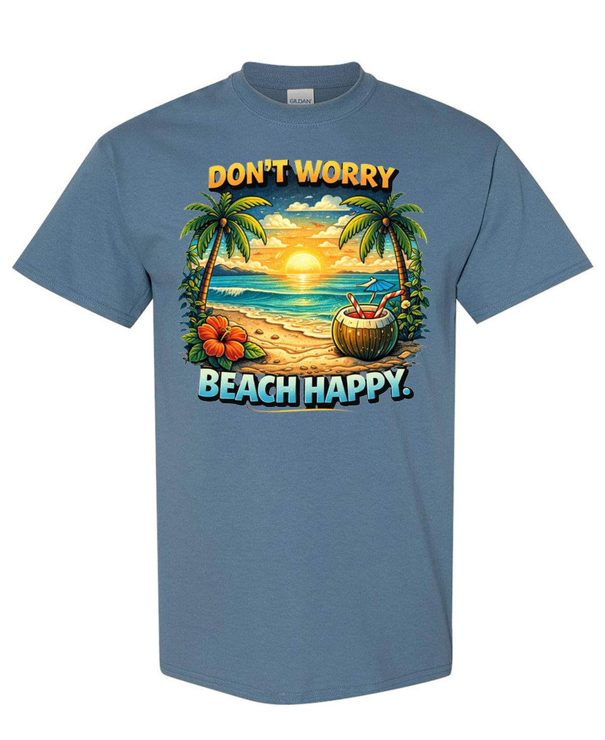 Don't Worry Beach Happy — Indigo Blue T-Shirt — front
