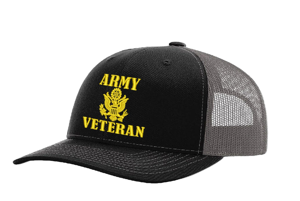 Army Veteran — Army Veteran - Black and Grey - Standard Embroidered Trucker Hat — front