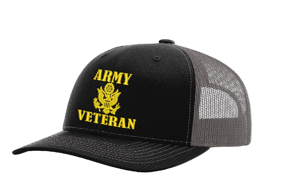Army Veteran — Army Veteran - Black and Grey - Standard Embroidered Trucker Hat — front