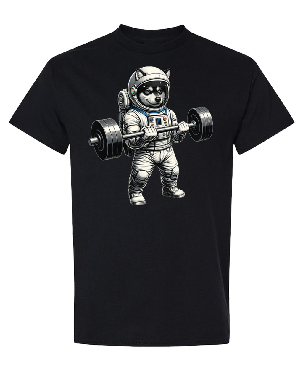 Space Dog Weightlifting — Black T-Shirt — front