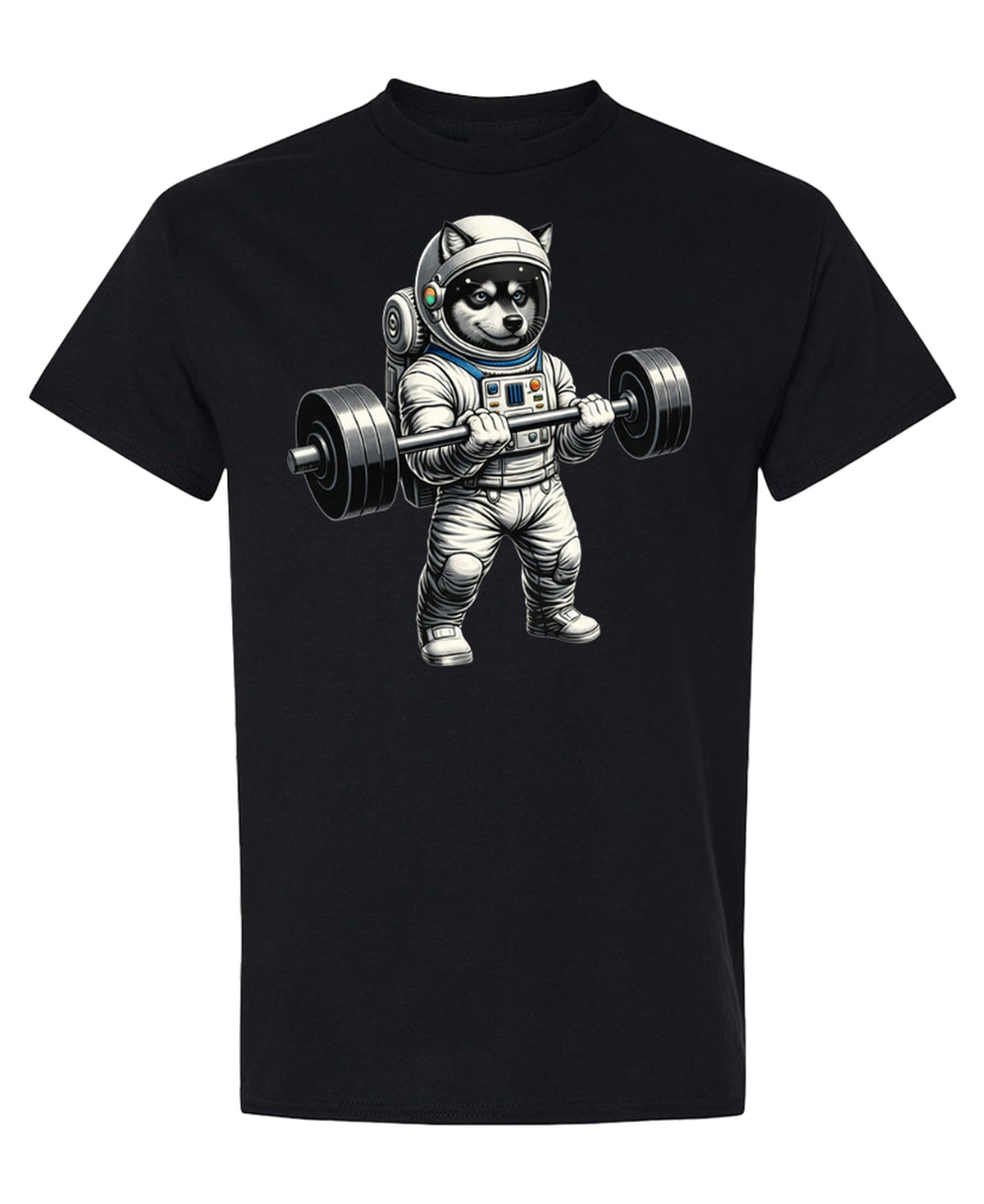 Space Dog Weightlifting — Black T-Shirt — front