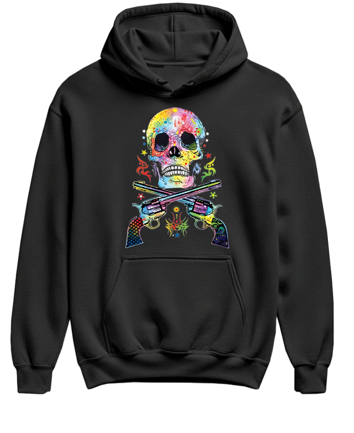 Colorful Skull and Crossed Pistols — Black Hoodie — front