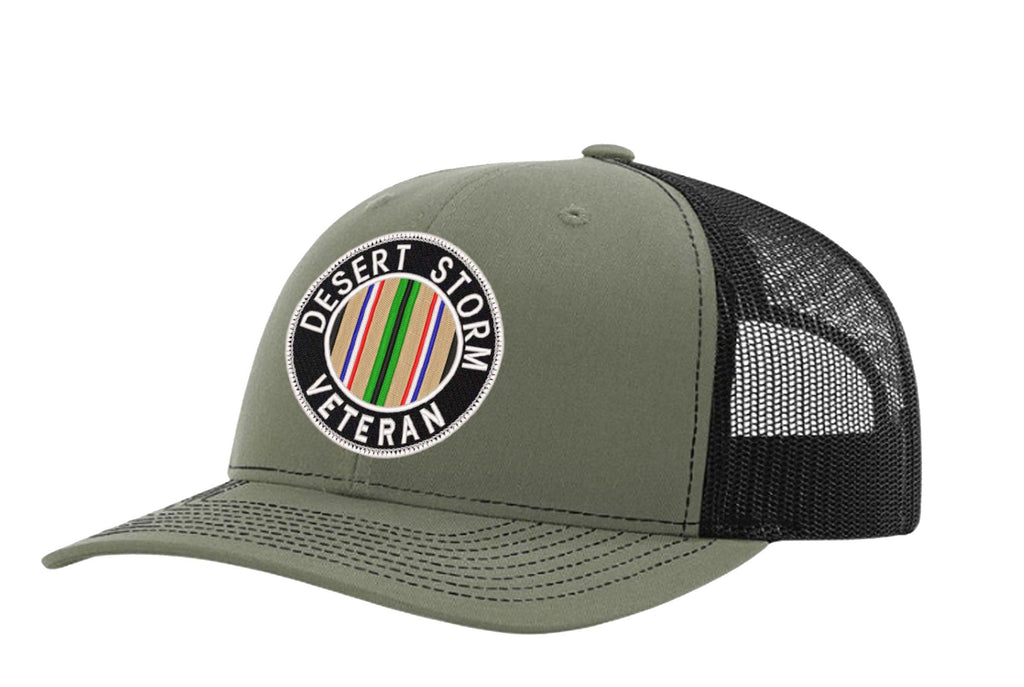Desert Storm Veteran — Desert Storm Veteran - Army Green and Black - Standard Bill Embroidered Trucker Hat — front