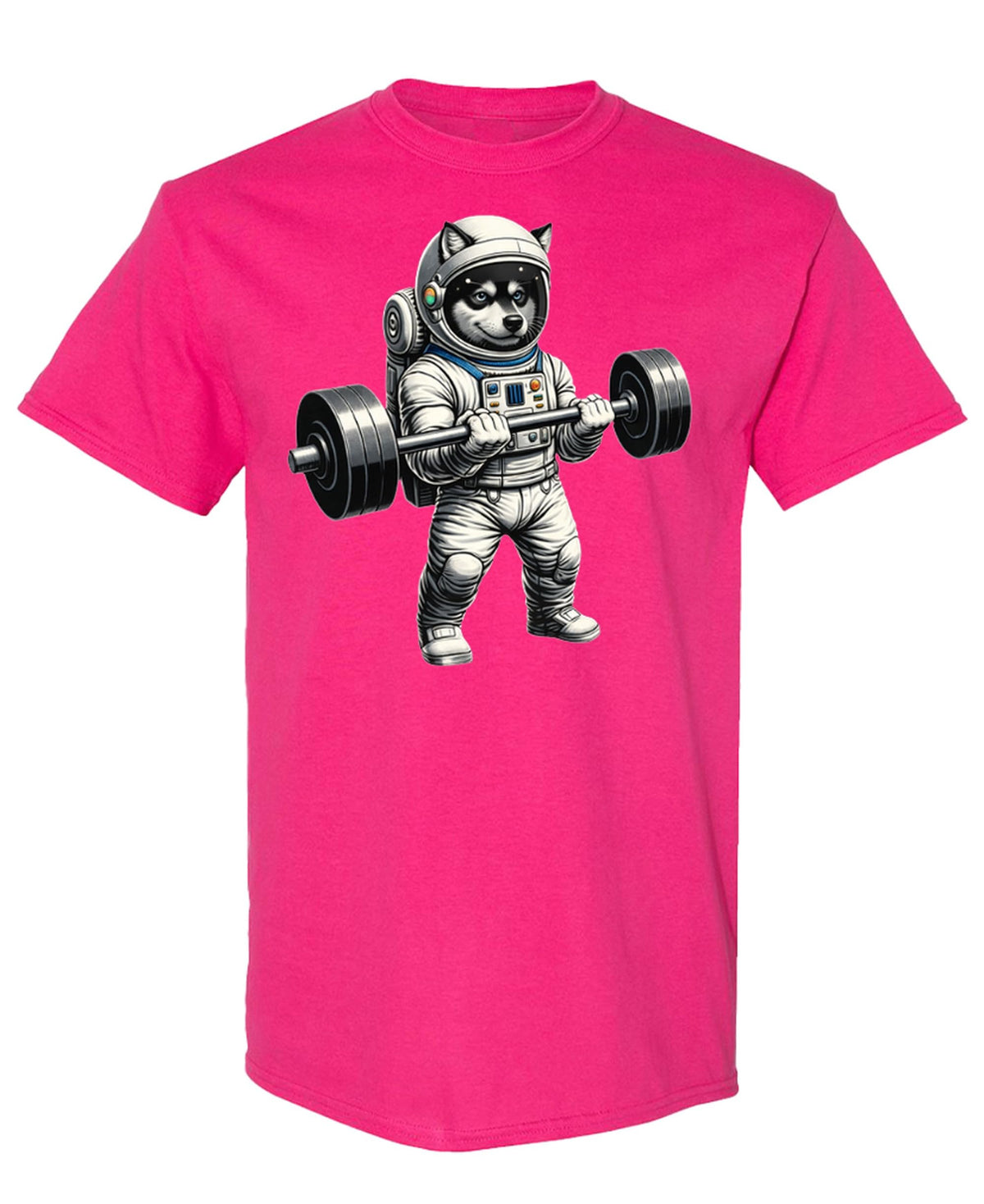 Space Dog Weightlifting — Heliconia T-Shirt — front