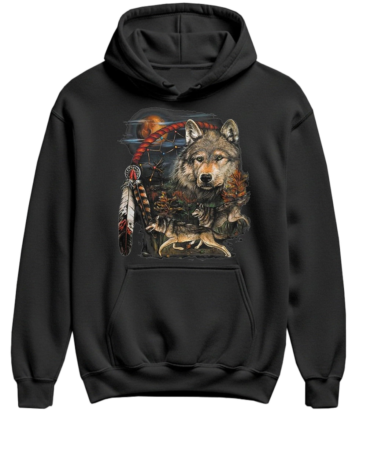 Wolf and Feathers — Black Hoodie — front