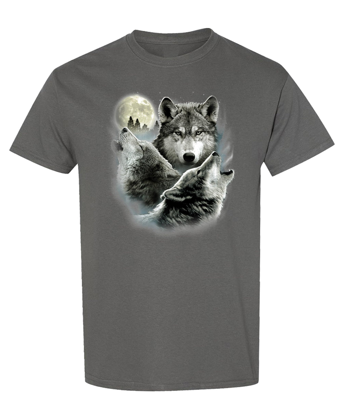 Three Wolves and Moon — Charcoal T-Shirt — front