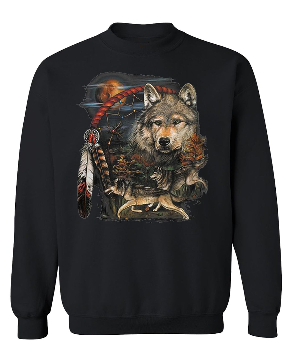Wolf and Feathers — Black Sweatshirt — front