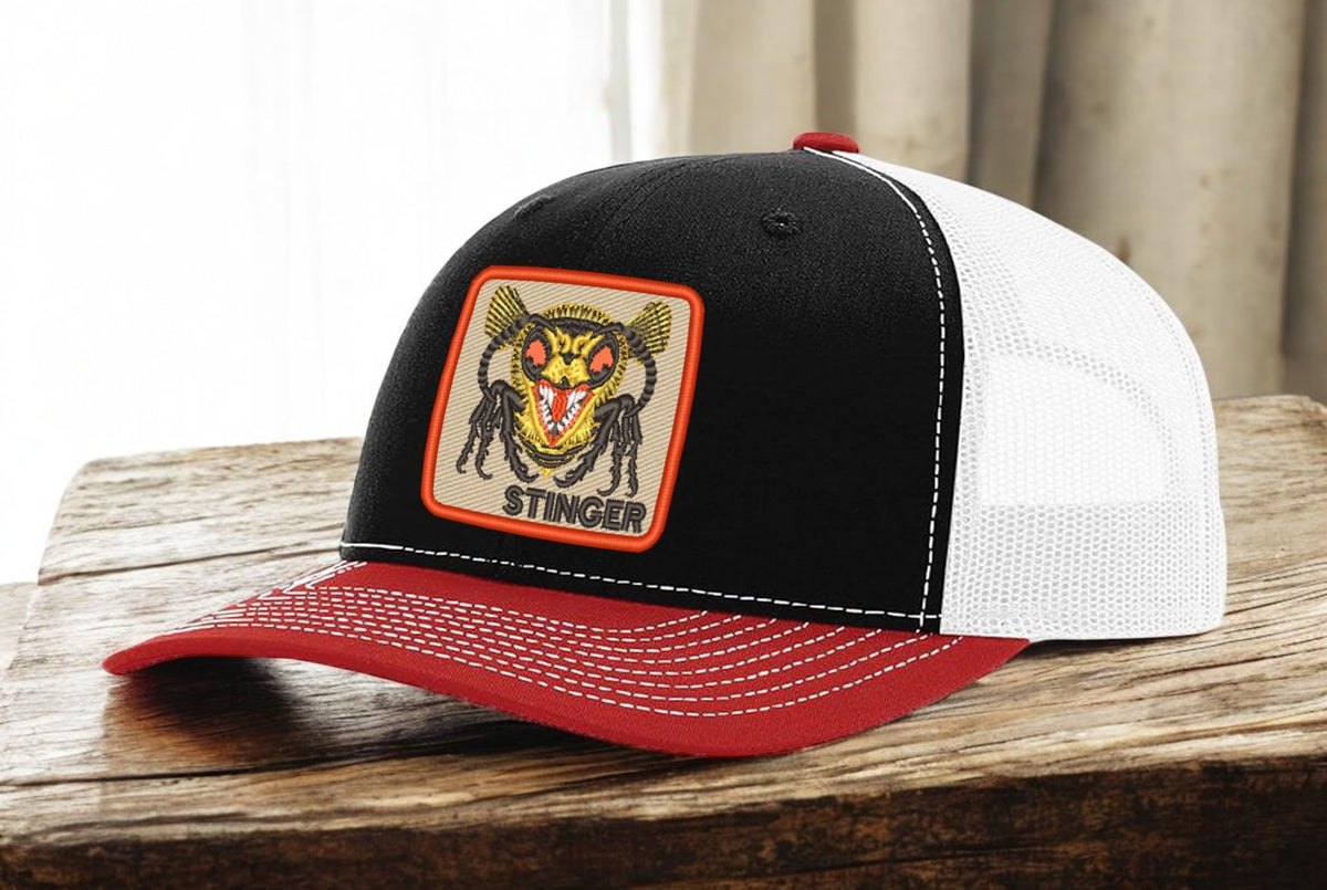 Stinger Hornet — Stinger Hornet - Black Red and White - Standard Bill Embroidered Trucker Hat — existing lifestyle 1
