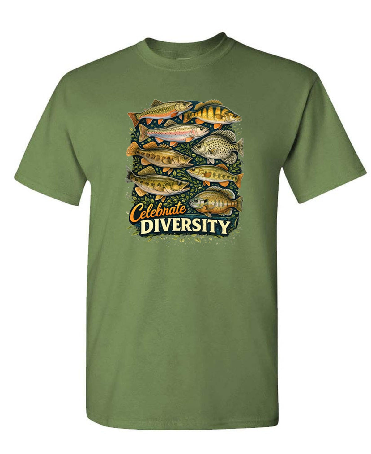 Fishing Shirt Men Celebrate Diversity Freshwater Fish — Military Green T-Shirt — front