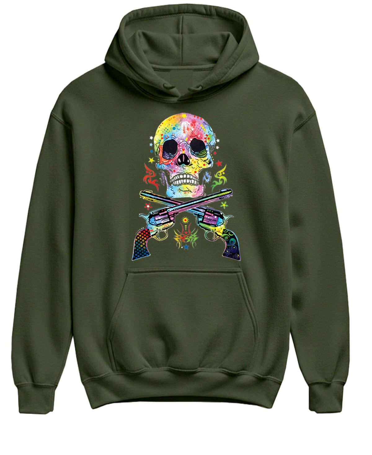 Colorful Skull and Crossed Pistols — Military Green Hoodie — front