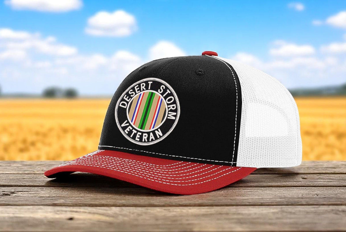 Desert Storm Veteran — Desert Storm Veteran - Black White and Red - Standard Bill Embroidered Trucker Hat — existing lifestyle 1