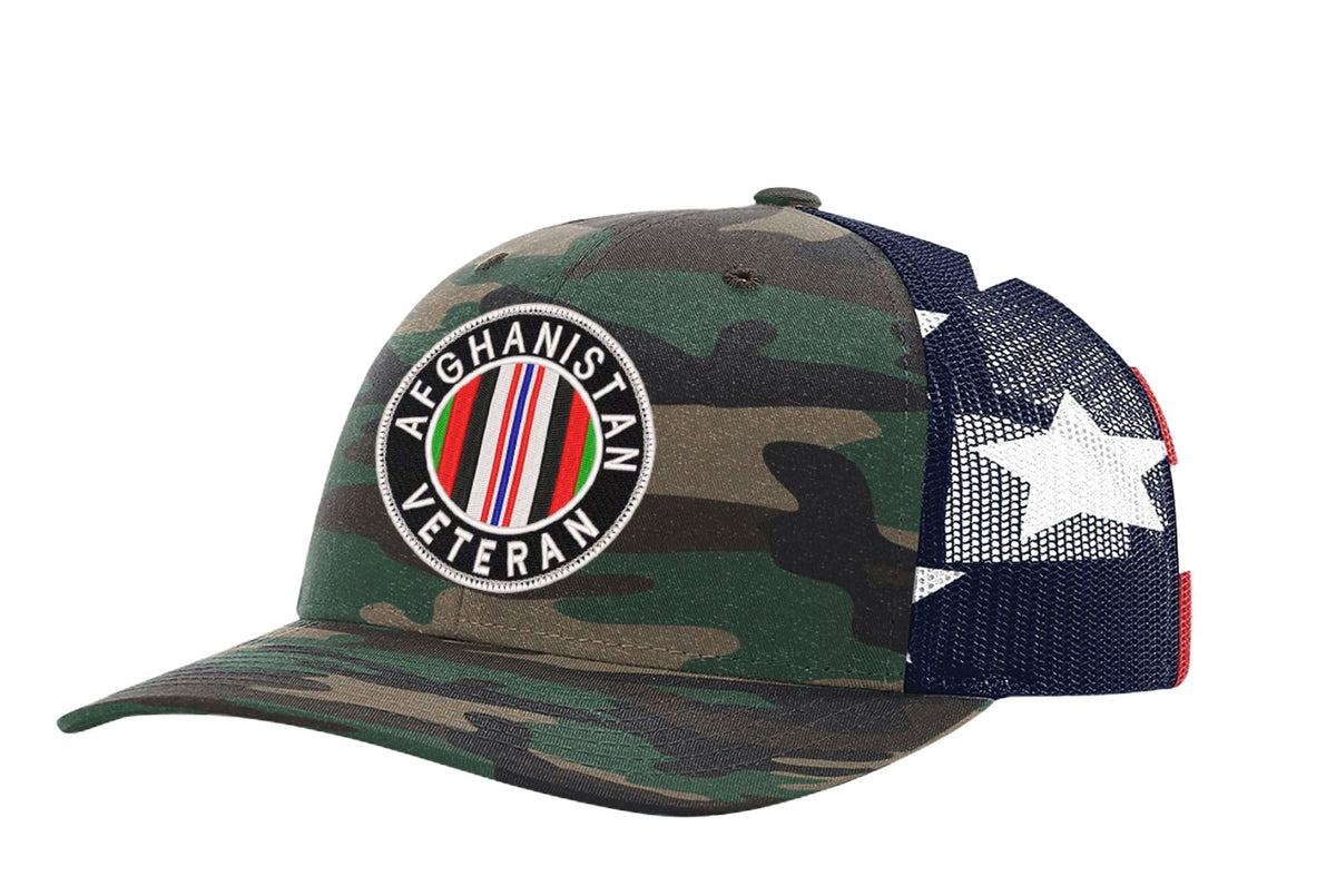 Afghanistan Veteran — Afghanistan Veteran - Camo and Stars - Standard Embroidered Trucker Hat — front