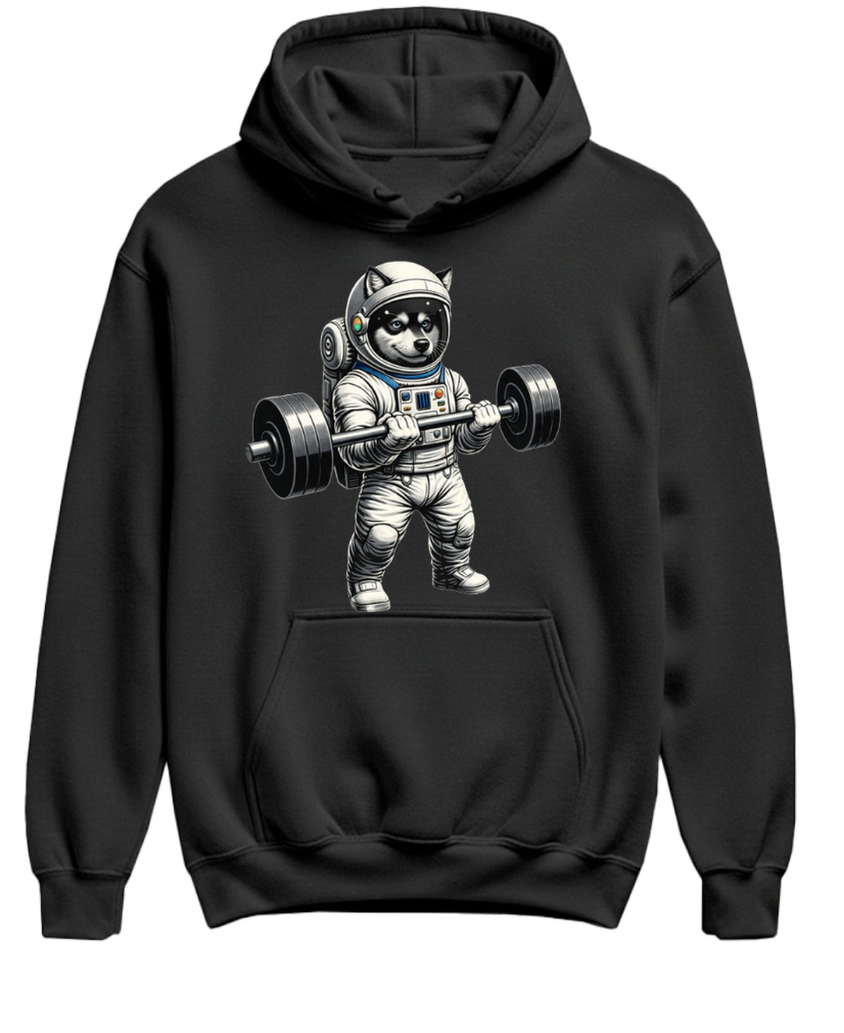 Space Dog Weightlifting — Black Hoodie — front