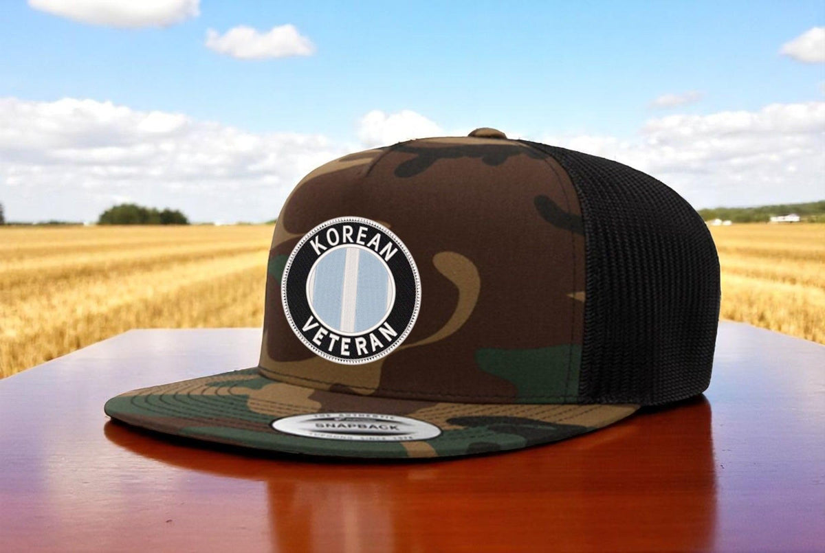 Korean Veteran — Korean Veteran - Camo and Black - Flat Bill Embroidered Trucker Hat — existing lifestyle 1