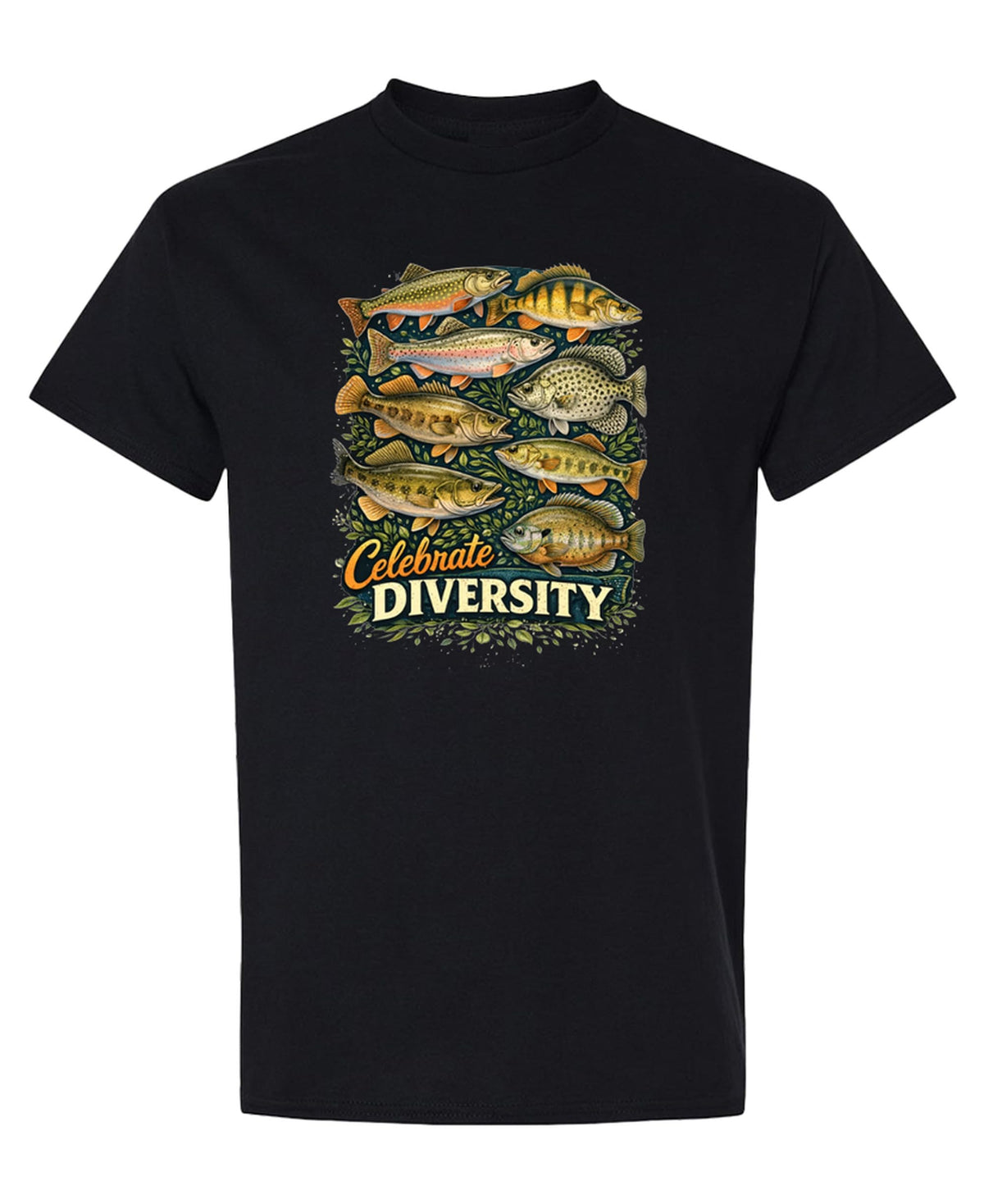 Fishing Shirt Men Celebrate Diversity Freshwater Fish — Black T-Shirt — front