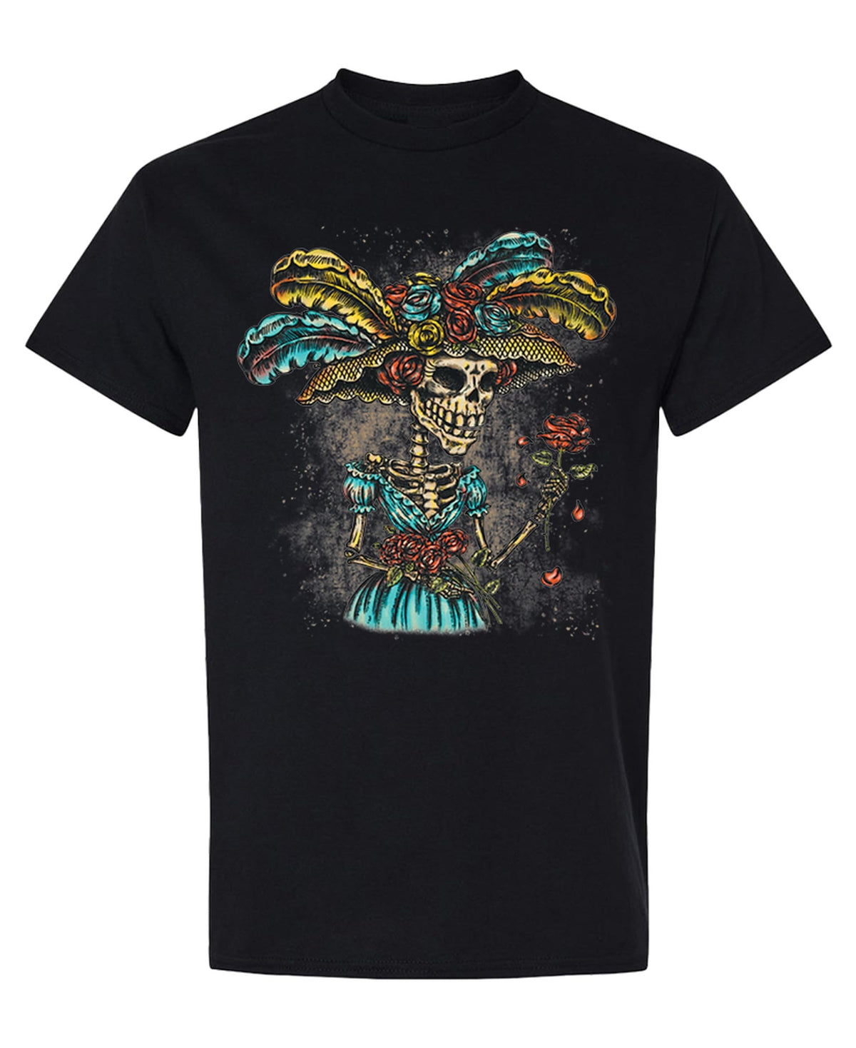 Colorful Ceremonial Skull — Black T-Shirt — front