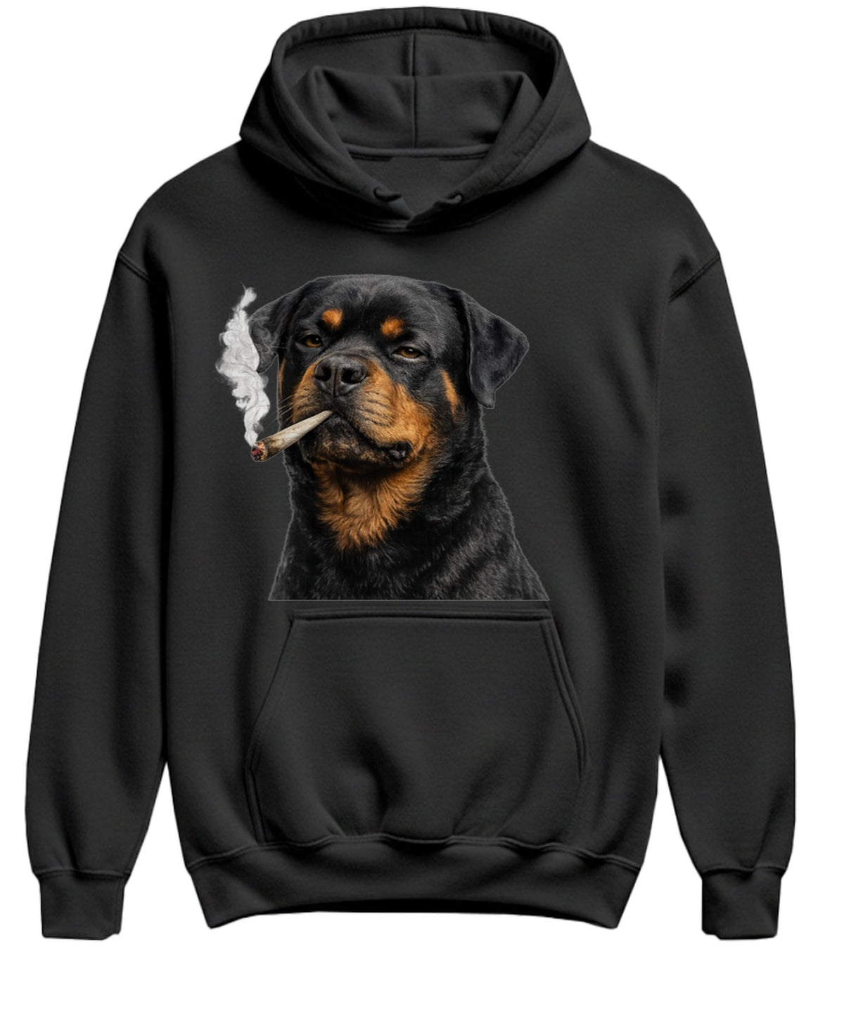 Rottweiler Smoking Weed — Black Hoodie — front