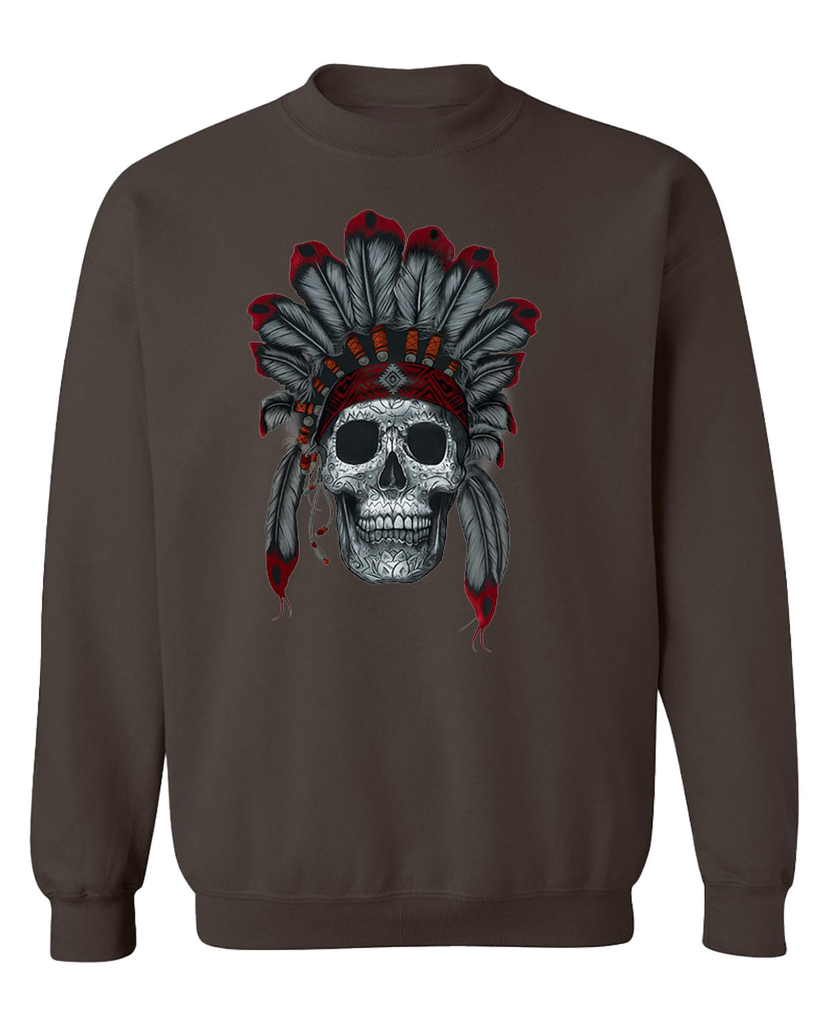 Red and Gray Feathered Skull — Chocolate Sweatshirt — front