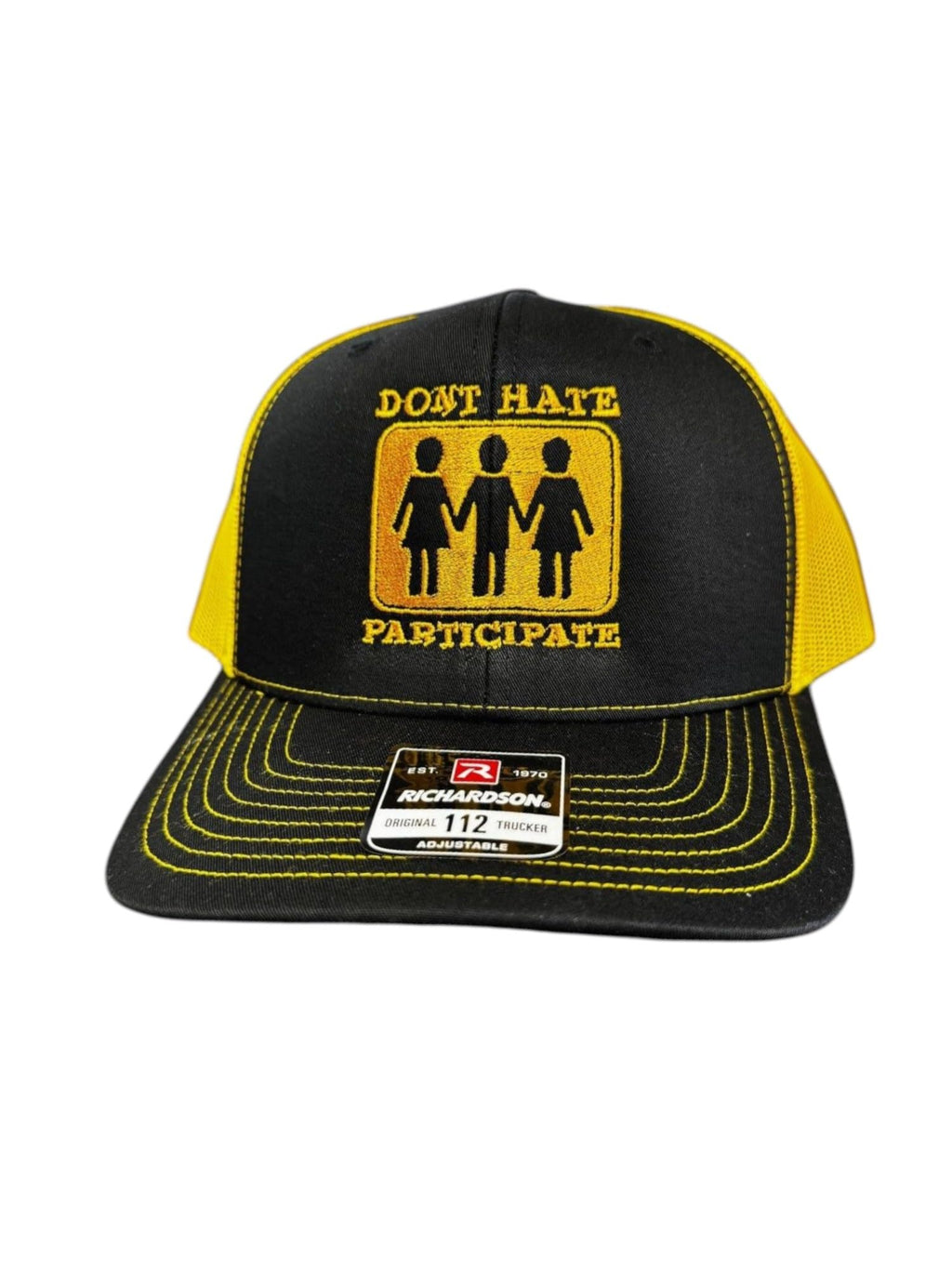 Don't Hate Participate — Don’t Hate Participate - Black and Yellow - Standard Bill Embroidered Trucker Hat — front