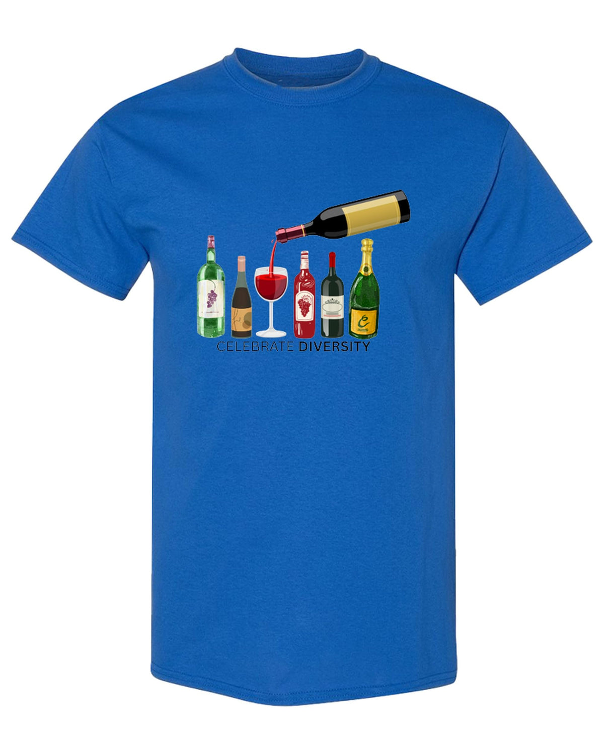 Celebrate Diversity Wine Bottles — Royal Blue T-Shirt — front