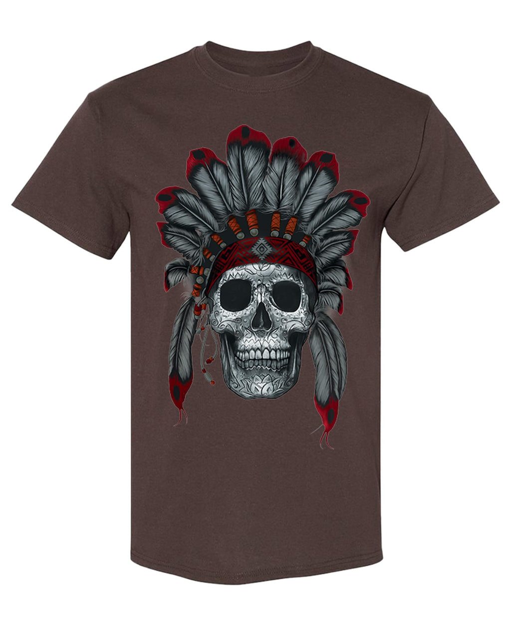 Red and Gray Feathered Skull — Chocolate T-Shirt — front