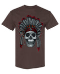 Red and Gray Feathered Skull — Chocolate T-Shirt — front