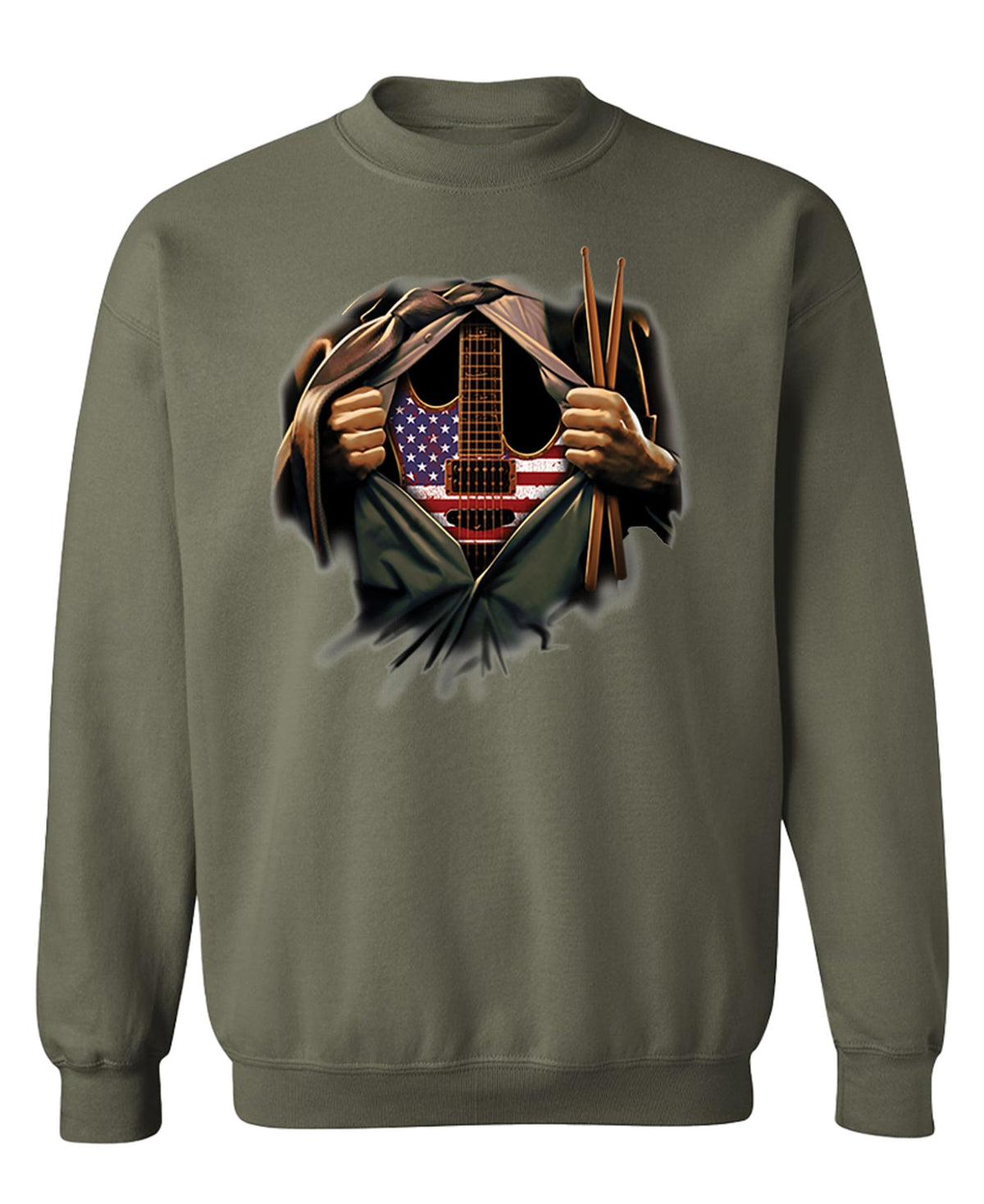 Guitar and Drums Torn Shirt — Military Green Sweatshirt — front