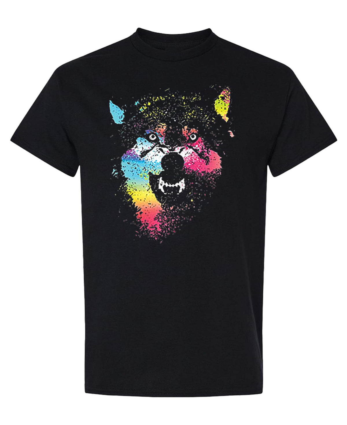 Paint Splatter Wolf — Black T-Shirt — front