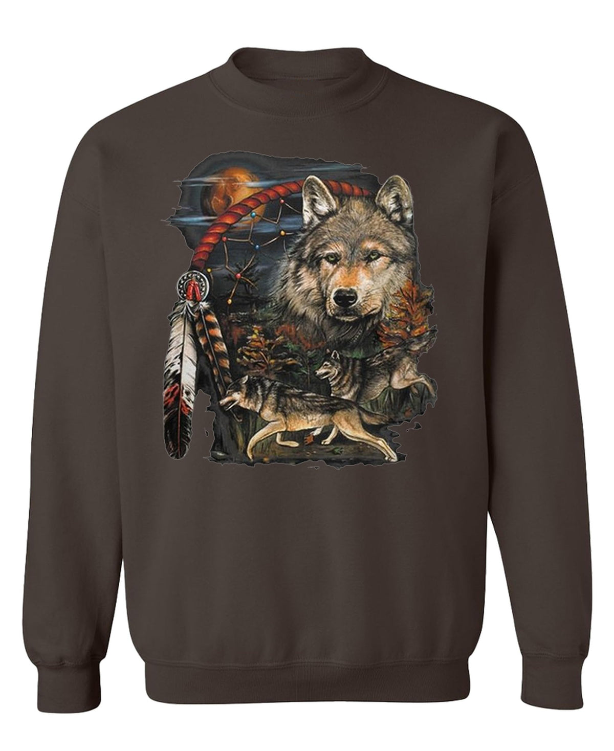 Wolf and Feathers — Chocolate Sweatshirt — front