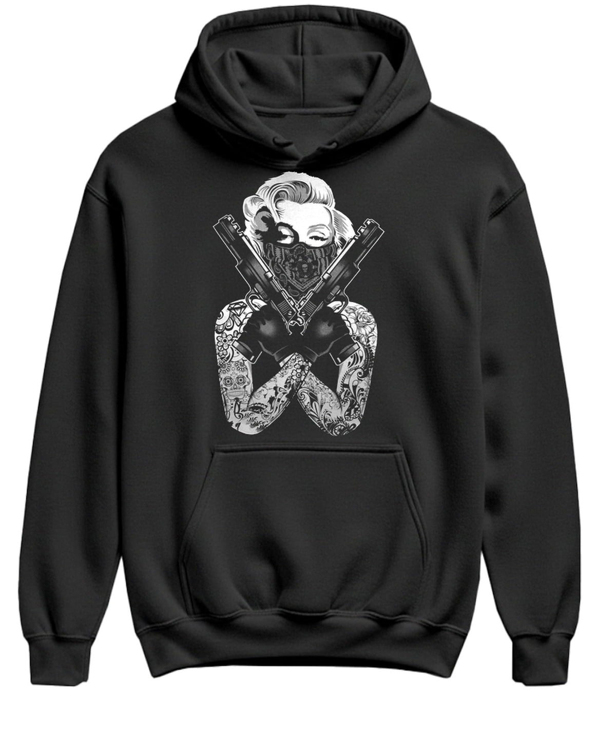 Bandana Portrait with Crossed Pistols — Black Hoodie — front