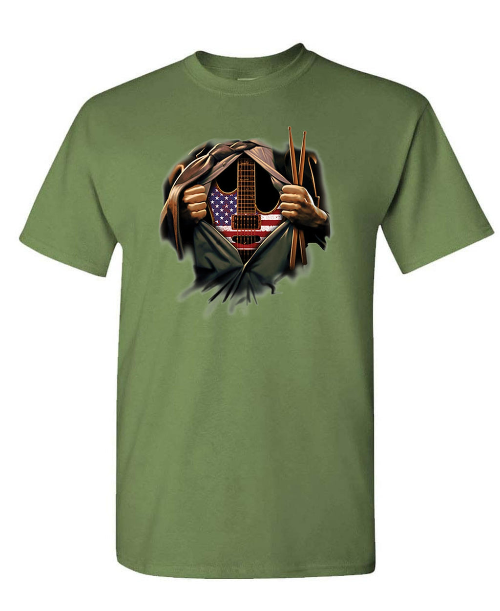 Guitar and Drums Torn Shirt — Military Green T-Shirt — front