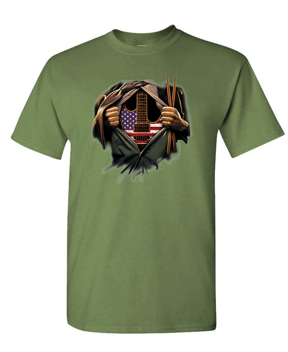 Guitar and Drums Torn Shirt — Military Green T-Shirt — front