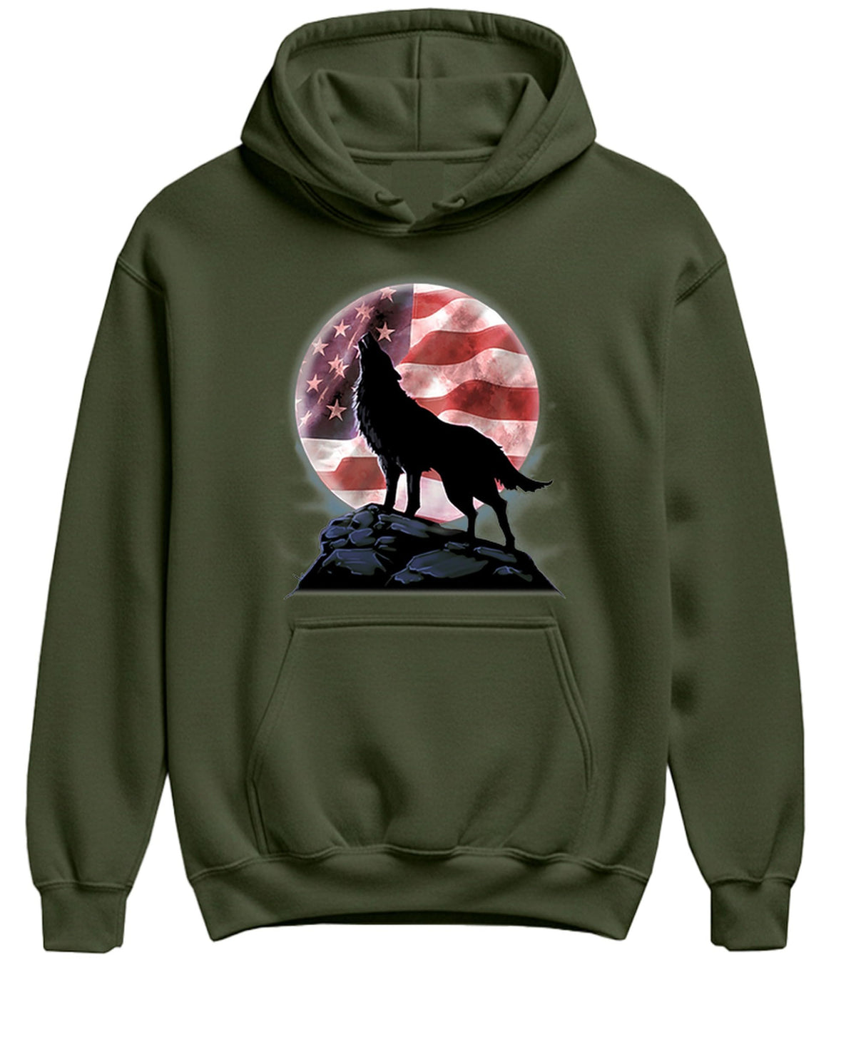 Wolf and American Flag Moon — Military Green Hoodie — front