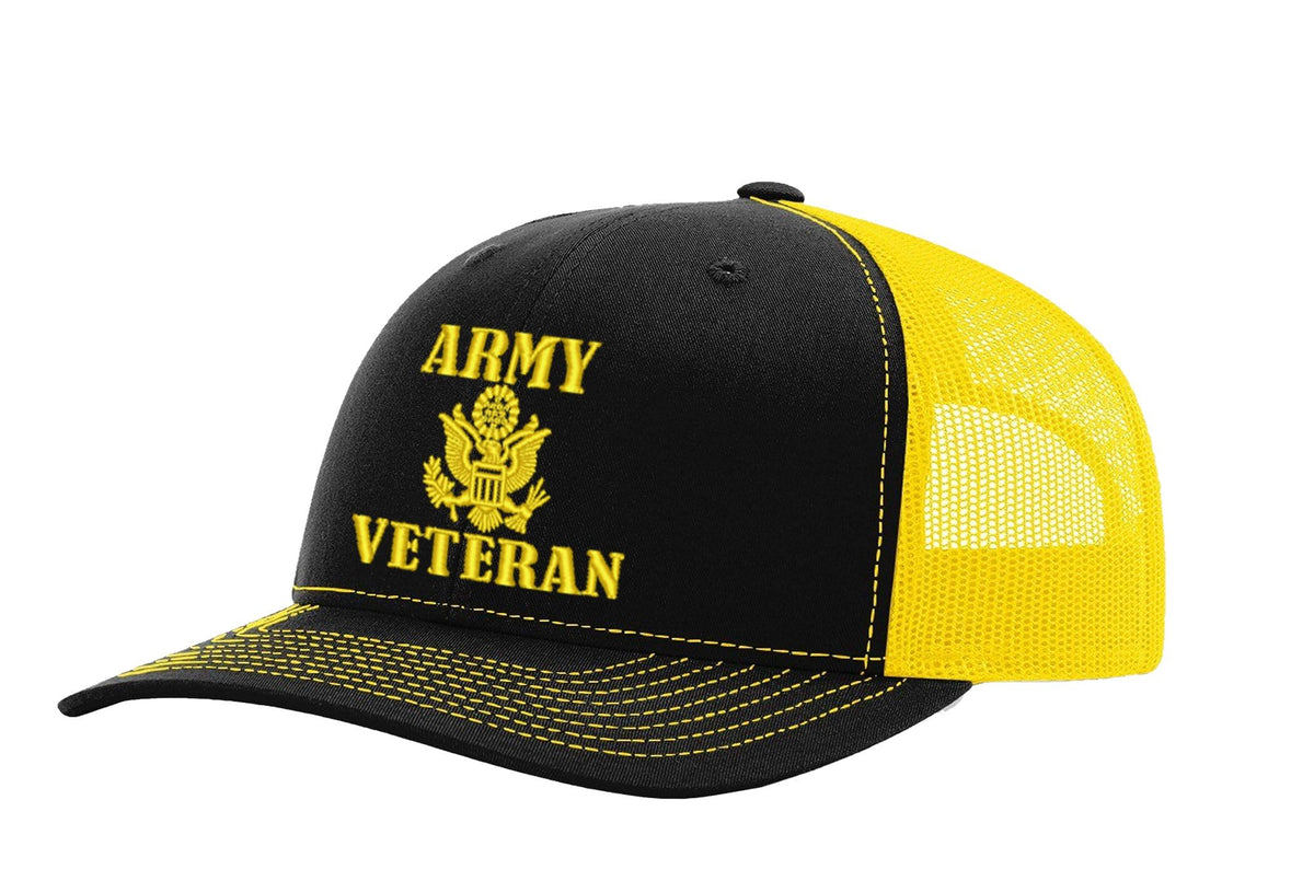 Army Veteran — Army Veteran - Black and Yellow - Standard Embroidered Trucker Hat — front
