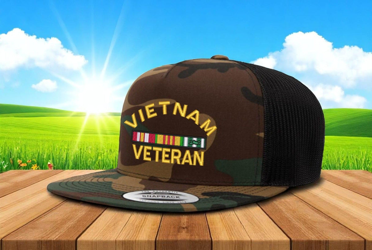 Vietnam Veteran — Vietnam Veteran - Camo and Black - Flat Bill Embroidered Trucker Hat — existing lifestyle 1