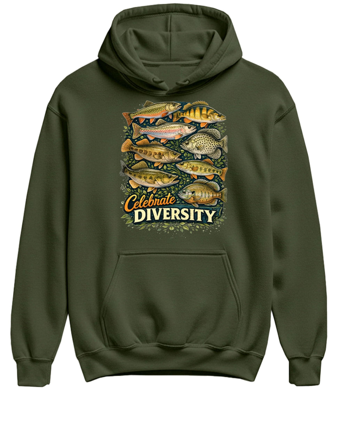 Fishing Shirt Men Celebrate Diversity Freshwater Fish — Military Green Hoodie — front